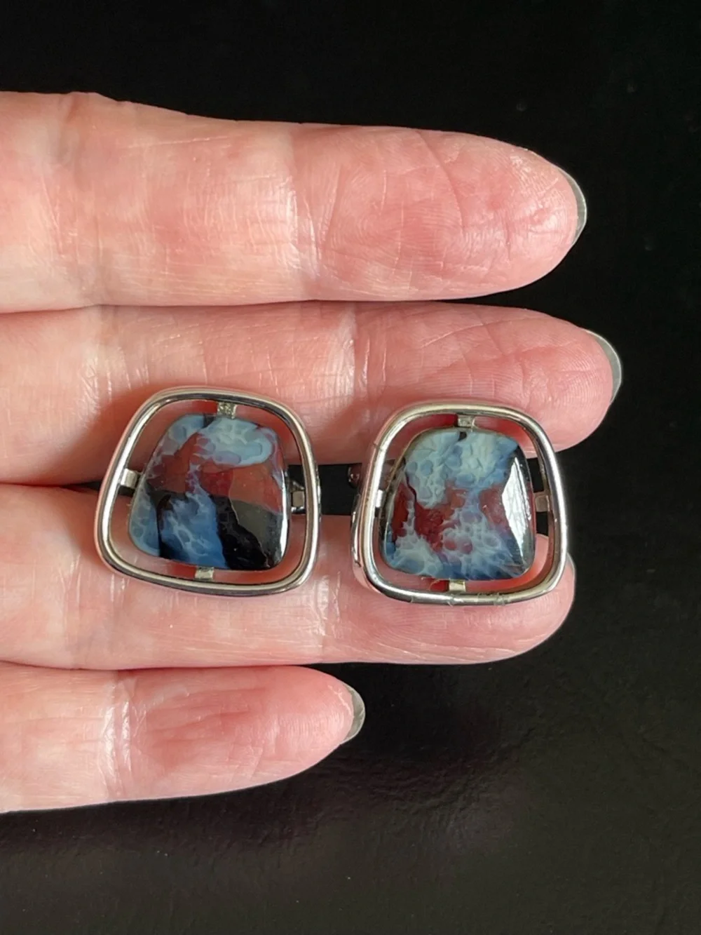 Vintage signed U SA Glass Cabochon Cufflinks in Blue & Red